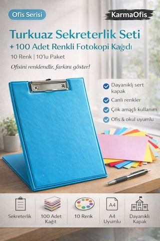 Turkuaz Sekreterlik Seti + 100 Adet Renkli A4 Fotokopi Kağıdı Dayanıklı Kapak, Çok Amaçlı Kullanım