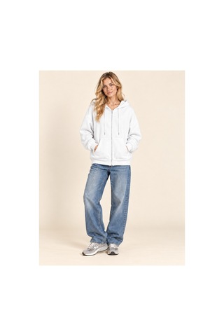 Cool Tarz Unisex Oversize Fermuarlı Kapüşonlu Sweatshirt 3 İplik Şardonlu Beyaz Beyaz