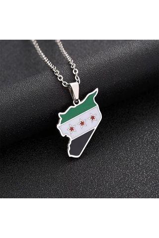 Suriye Haritası Bayrağı Metal Gümüş Kolye Çok REnkli Çok Renkli