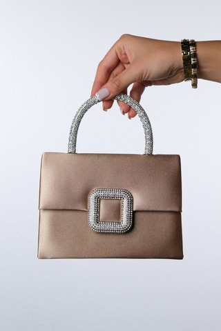 Valeria Koyu Bej Saten Taşlı Kadın El Çantası Koyu Bej