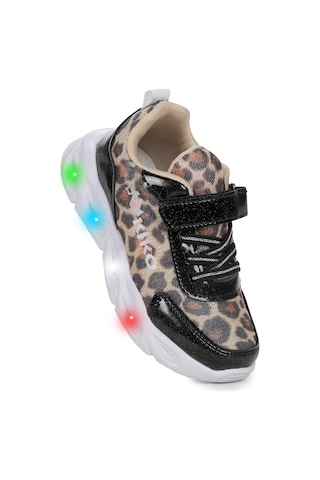 Kiko Kids Teno Cırtlı Işıklı Leopar Kız Çocuk Spor Ayakkabı Siyah Siyah