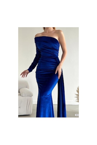 DefyModa Kadın Vintage Tek Omuz Kuyruklu Balık Kesim Abiye Elbise Lacivert