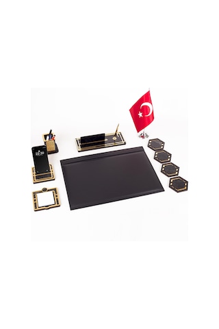 Sümen Takımı Kişiye Özel Ahşap İsimlikli Mermer Desenli Türk Bayraklı 10 Parça Siyah