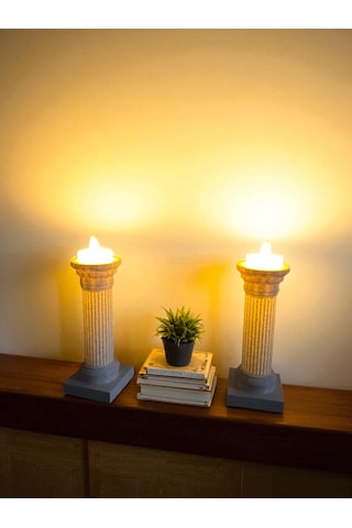 2'li Roma Sütunu Mumluk 15 Cm Mermer Görünümlü Led Tealight Dekor Seti
