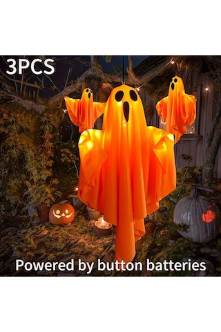 Elmpaly 3 Adet Turuncu Hayalet Led Askılık Cadılar Bayramı Dekorasyonu Bahçe Kapı Ağaç Süsü Ayarlanabilir Işık Kolu Dıy Hediye Altın