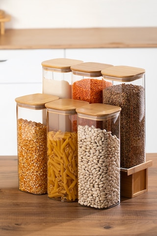 Porsima 7-3 Bambu Vakumlu Kapaklı Kare Borsilikat Cam 6lı Kavanoz Seti Saklama Kabı 1900ml 9,5x27cm Ahşap - Şeffaf