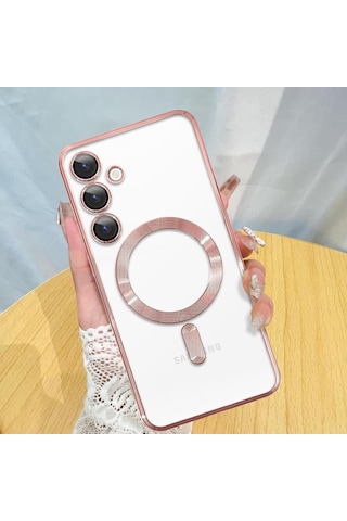 Samsung Galaxy S25 İçin Magsafe İle Uyumlu Kılıf Kamera Lensli Korumalı Şeffaf Silikon Kapak Rose Gold