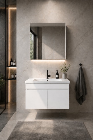 Kale Serisi Banyo Dolabı Seti Parlak Beyaz Banyo Alt Dolap - Aynalı Üst Dolap Cerastyle Elite Lavabolu, Lavabo-aynalı Üst Dolap Dahil