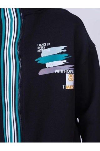 Erkek Çocuk Dik Yaka Fermuarlı Çizgi Detaylı Teenage Hırka-13544 Siyah