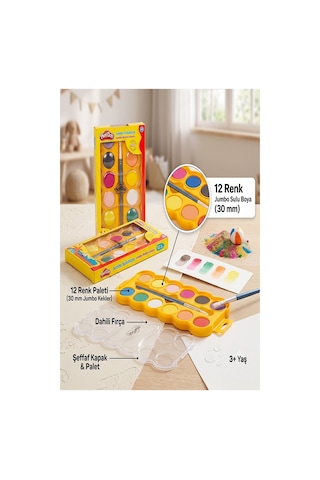 8 Renk Jumbo Sulu Boya 1 Paket Play-doh 8 Li Suluboya Fırça Hediyeli Canlı Renkler Kaliteli Yıkanabilir Zararsız Büyük Çok Renkli