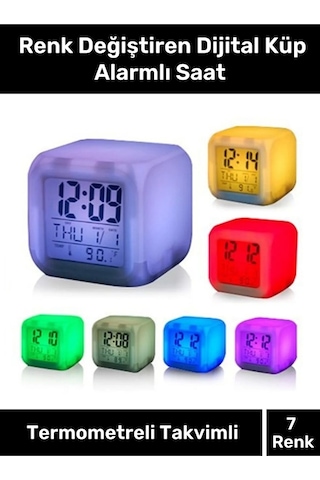 Hediyelik Dekoratif Termometreli Takvimli 7 Renk Değiştiren Dijital Küp Alarmlı Masa Çalar Saat
