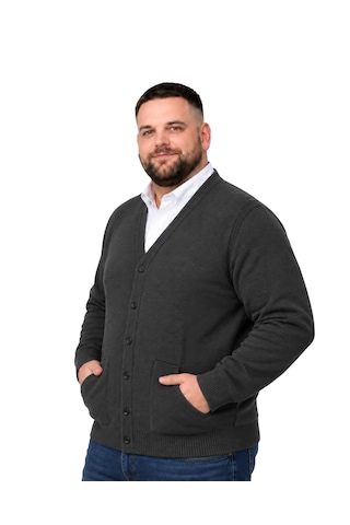 Battalmoda Erkek Büyük Beden Antrasit Cepli Düğmeli Triko Hırka 3xl-4xl-5xl-6xl