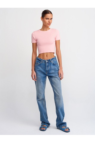 Dilvin Bisiklet Yaka Kısa Kol Crop Kazak 101a10357 Açık Pembe