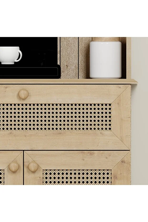 Lucas 2 Kapaklı Çekmeceli Sarı Hasır Desen Kahve Köşesi Çok Amaçlı Mutfak Dolabı - Safir Meşe Safir Meşe