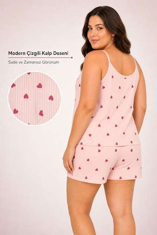 Bravie Kadın Büyük Beden İp Askılı Yakası Dantelli İnce Çizgili Kalp Desenli Yazlık Pijama Takımı Turuncu