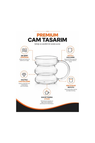 Kahve Yanı Şerit Cam Bardak Kulplu Mini Su Bardağı 6'lı Sunum Seti Şeffaf