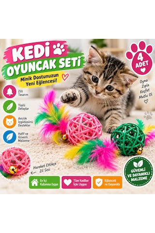 Tüylü Kedi Oyuncağı Seti Zilli Ve Hasır Toplu 4 Lü Kedi Oyun Seti Tüylü Kedi Oyuncağı Seti Zilli Ve Hasır Toplu 4 Lü Kedi Oyun Seti