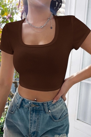 Angbutik Kadın Kahverengi Yarım Kol Düz Yaka Crop Top Bluz