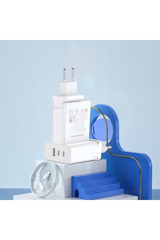 Rock T31 Gan 65w Pd 3.0 & Qc 4.0 Hızlı Seyahat Şarj Set Beyaz 2m Type-c To Type-c Kablo