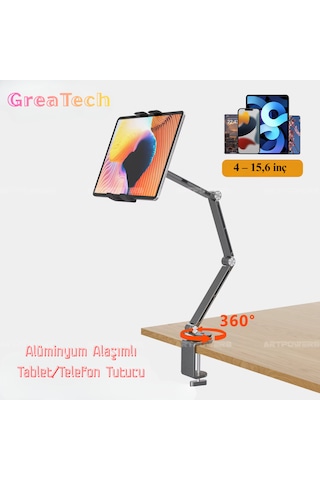 Alüminyum Akrobat Tablet & Telefon Tutucu Stand 360 Oynar Başlıklı Ayarlanabilir Uzun Kol