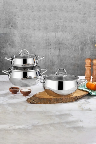 Polochef Pro Line 18/10 Paslanmaz Çelik Tencere Seti Kapaklı 6 Parça Silver 16-18-20 Cm Gümüş