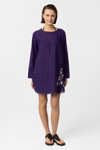 Mor Nakış İşlemeli Uzun Kollu Pamuklu Bluz Elbise Mor