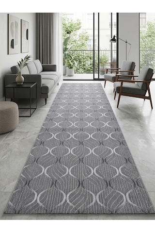 Geometrik Damla Desenli Gri Koridor Yolluğu Kaymaz Taban Yıkanabilir Salon Mutfak Halısı