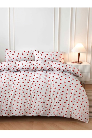 Kırmızı Kalpli Çift Kişilik Nevresim Takımı Pamuklu 160x200 Cm Çok Renkli