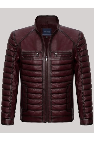 Hakiki Kuzu Derisi Bordo Çizgi Detaylı Dört Cepli Şişme Erkek Deri Mont Bordo