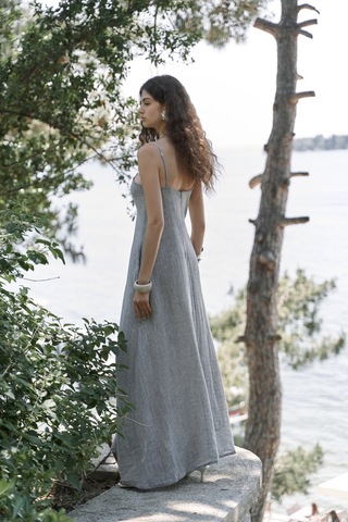 Mai Collection Mai Studios Co. Cinas Askılı Uzun Füme Keten Elbise Füme
