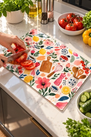Gökçeoğlu Cam Kesme Tahtası Renkli Çiçek Mutfak Temalı - Cam Kesme Tablası 30cm X 40cm Çok Renkli
