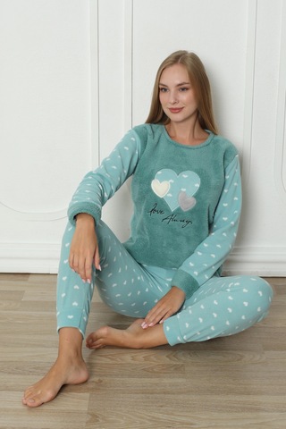 Fawn 3316 Peluş Welsoft Polar Kışlık Yumoş Kalpli Kadın Pijama Takımı Yeşil