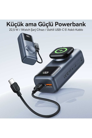 Vention Mini 10000mah 22,5w Power Bank Usb-c + Usb-a Dahili Usb-c Askı Kablolu, Kablosuz Saat Şarjlı Ve Led Ekranlı- Fkp 22.5w