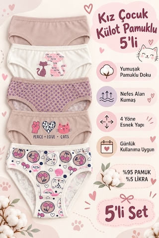 Nicoletta Kız Çocuk Külot 5 Li Paket Pamuklu Likralı Kedi Baskılı Saf Pamuk Çok Renkli