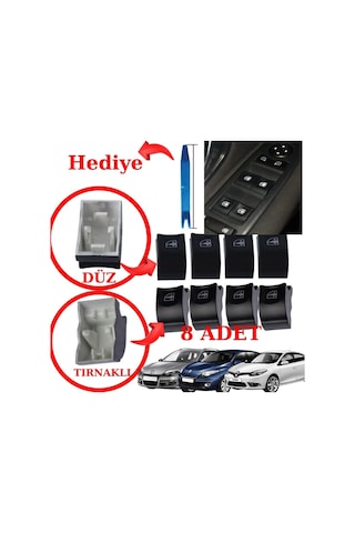 Fluence Megane 3 Laguna 3 Cam Düğmesi Seti Sağ Sol Ön Arka 8 Adetli Set