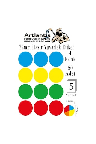 Artlantis 32 Mm Renkli Hazır Yuvarlak Etiket 60 Lı 1 Paket Mix Color Ofis Etiketleri Kendinden Yapışkanlı Nokta Eti Genel