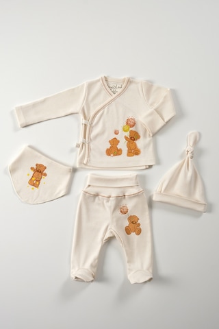 Tinylamb Fluffy Bear 4 Parça Unisex Bebek Uzun Kollu Pamuk Bodysuit Takımı Yenidoğan Ve Çocuk Hediye Seti Bej