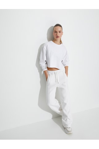 Koton Oversize Crop Sweatshirt Şardonlu Basic Uzun Kollu Pamuklu Beyaz 4wak10096nk Beyaz