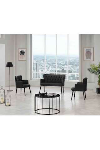 Garden House Siyah Deri Ahşap Ayaklı Kollu Ofis Koltuk Takımı Misafir Koltuğu Ofis Takımı Berjer Bekleme Koltuğu Siyah