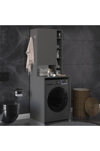 Asra Trend Çamaşır Makinesi Üstü Banyo Dolabı BD-02 %100 MDF Kapaklı Organizer Raf Antrasit