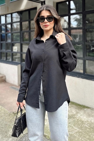 WeShaya Kadın Siyah Basic Model, Gofre Kumaş, Salaş Gömlek Siyah