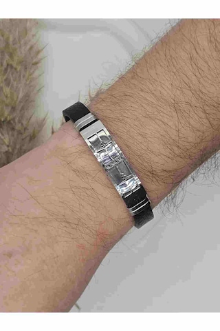 Deri Kordonlu Çelik Erkek Thunder Bileklik Siyah - Gümüş