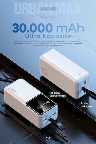 Jopus 30000mah Powerbank Lcd Ekranlı Taşıma Askılı Güçlü Taşınabilir Şarj Cihazı Beyaz