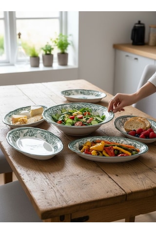 5 Parça Porselen Velour Green Salata Kayık Seti-5677 Çok Renkli