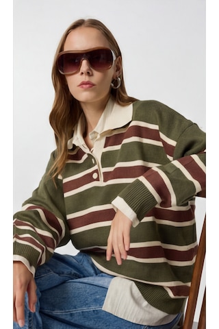 Modeva Global Kadın Çizgili Polo Yaka Triko Kazak Düğmeli, Oversize Rahat Kesim, Trend Günlük Stil Haki - Kahverengi