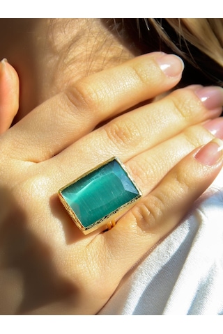 Kedi Gözü Cam Kadın Ayarlanabilir Altın Kaplama Yüzük Açık Yeşil Euy69ay Yeşil