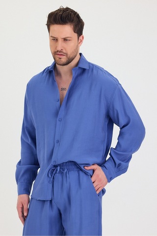 Erkek Oversize Rahat Kalıp Gömlek-pantolon Alt-üst Takım Saks Mavi