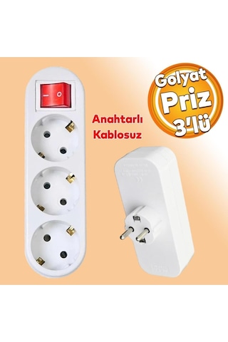 Beyaz 3'lü Grup Priz Golyat Anahtarlı Düğmeli Fiş Priz Topraklı Çoklu Çoğaltıcı Kablosuz Üçlü Piriz