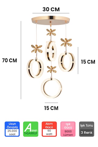 3 Renk Kumandalı Gold Kasa Yüzük Led Avize 4 Lü Modern Ledli Aviz