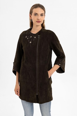 Kado Kahve Çiçek Nakışlı Kadın Hakiki Deri Kaban-olive Çok Renkli